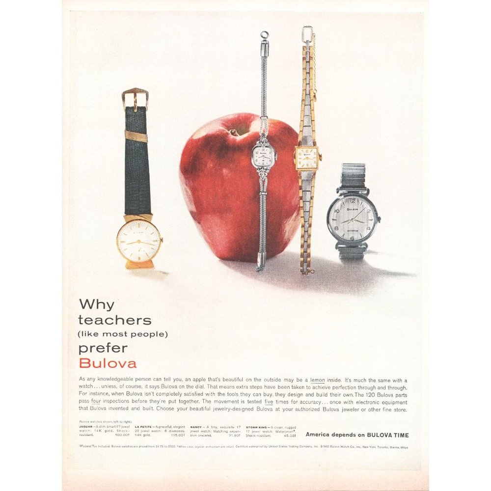1960 Bulova Watch Vintage Print Ad Apple Teacher Storm King Jaguar La Petite Art